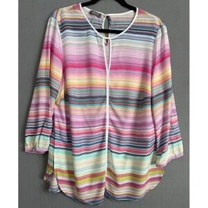 Basler Blouse Women Size 44 XL Multicolor Striped Colorful Long Sleeve Crew Neck